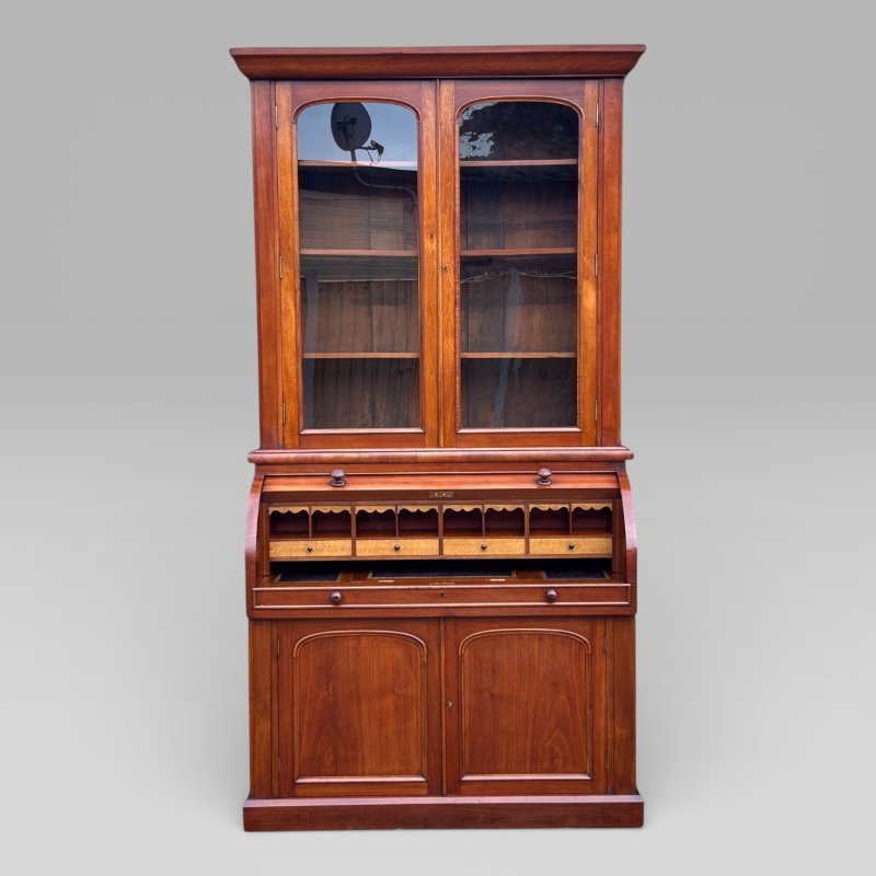 Antique Victorian Walnut Cylinder Bureau Bookcase With Writing Desk & Cupboard - Image 4